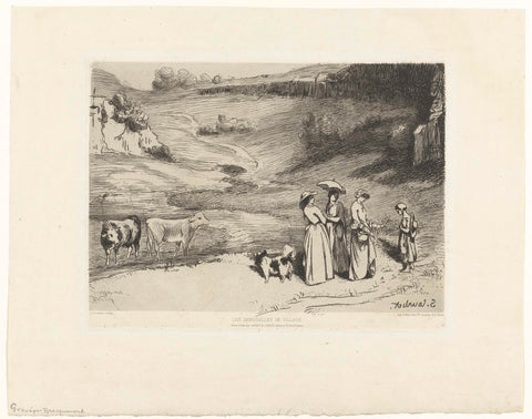 Young women give shepherdess money in hilly landscape, Félix Bracquemond, 1860 - 1869 Canvas Print