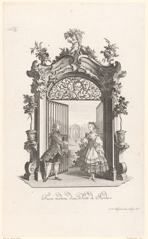 Garden gate with husband and wife, Johann Esaias Nilson, 1731 - 1788 Canvas Print