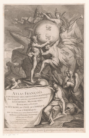 Hercules places a globe on the shoulders of Atlas, anonymous, 1695 Canvas Print