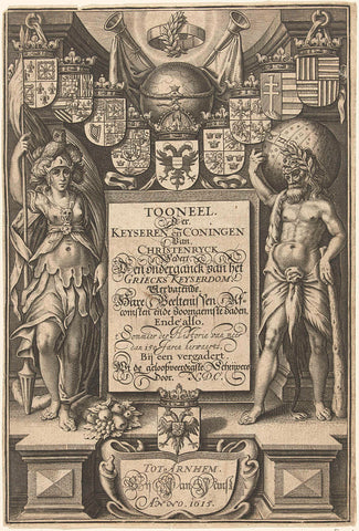 Hercules and Minerva standing on either side of cartouche with title, awarded coats of arms, globe and trumpets, Willem Jacobsz. Delff, 1615 Canvas Print