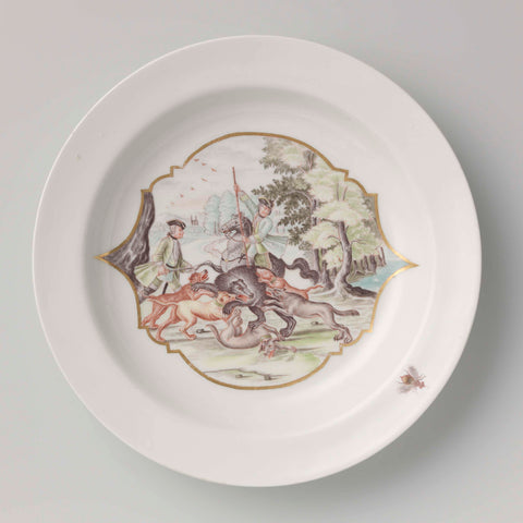 Plate, multicolored painted with a bear hunt, Meissener Porzellan Manufaktur, c. 1750 Canvas Print