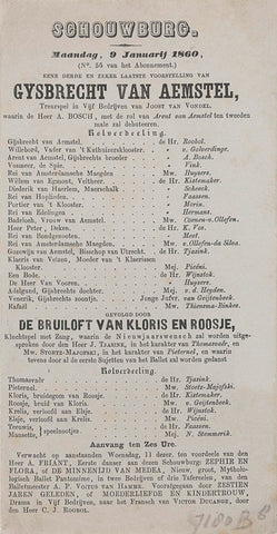 Program for the performance of the Gijsbrecht van Aemstel in the Amsterdamse Schouwburg on January 9, 1860, anonymous, 1860 Canvas Print