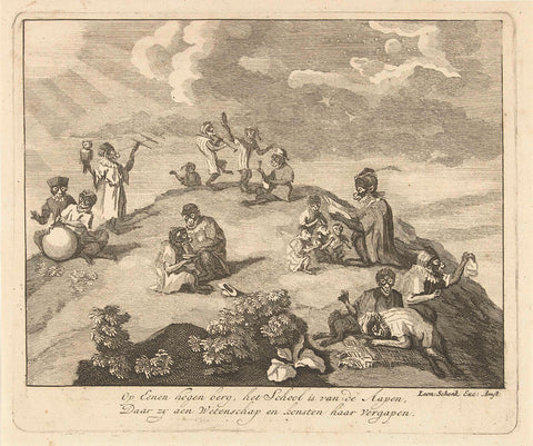 Monkeys on a mountaintop, Leonard Schenk (possibly), 1720 Canvas Print