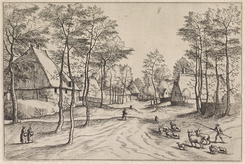 Village street with cattle and a shepherd, Johannes or Lucas van Doetechum, 1559 - 1561 Canvas Print