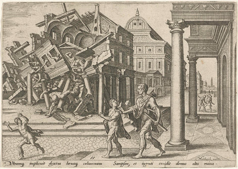 Simson destroys the Temple of the Philistines, Philips Galle, 1569 Canvas Print