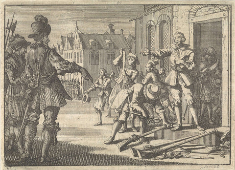 Prince Maurits on the Neude in Utrecht orders the Waardgelders to lay down their weapons, 1618, Jan Luyken, 1698 Canvas Print