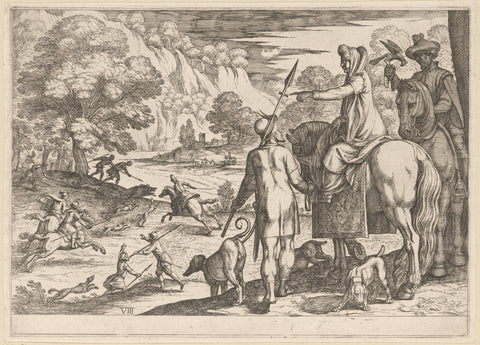 Hunting wild boar with falcon, Antonio Tempesta, 1609 Canvas Print