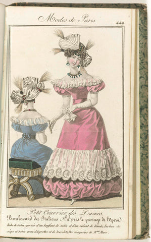 Petit Courrier des Dames, February 15, 1827, No. 449: Satin dress garnished with a satin puff... anonymous, 1827 Canvas Print