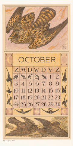 Calendar sheet October with kestrel, Theo van Hoytema, 1914 Canvas Print