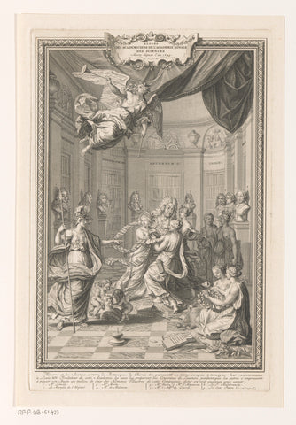 Minerva and the personifications of the sciences amidst portrait busts of deceased members of the Académie des Sciences, Bernard Picart, 1729 Canvas Print