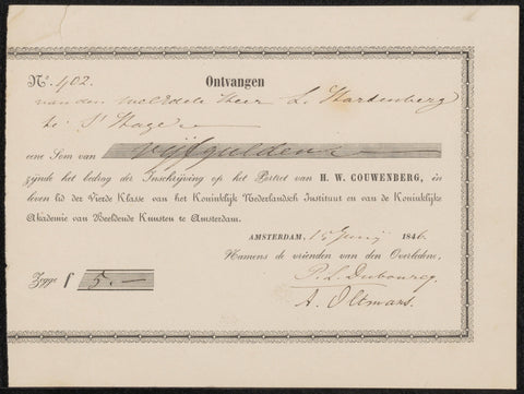 Receipt for Lambertus Hardenberg (1822-1900), Pierre Louis Dubourcq, 1846 Canvas Print