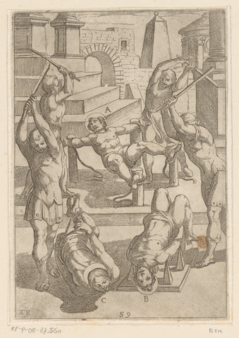 Striking saints tied to four poles and at sharp points, Antonio Tempesta, 1565 - 1630 Canvas Print