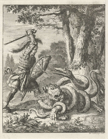 Godfried van Bouillon frees a lion from the stranglehold of a snake, Jan Luyken, 1683 Canvas Print