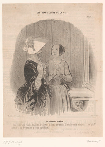 Saleswoman praises hat to a customer, Honoré Daumier, 1845 Canvas Print