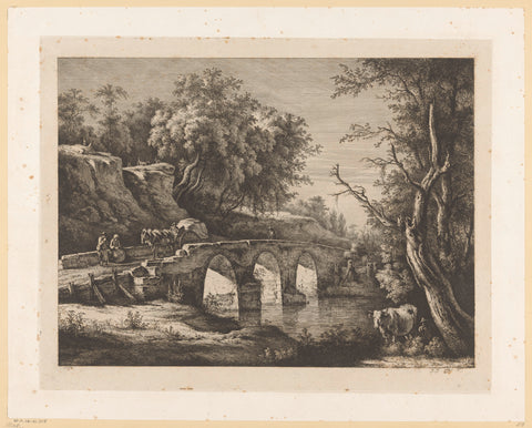 Landscape with figures on a stone bridge, Jean Jacques de Boissieu, 1799 Canvas Print