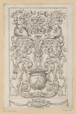 Ornament vase with arabesques, under a mask, Agostino Mitelli, 1636 Canvas Print