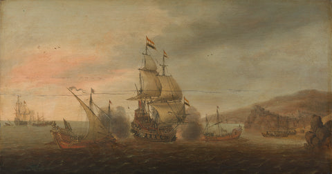 Naval Battle between Dutch Men-of-War and Spanish Galleys, Cornelis Bol, c. 1633 - c. 1650 Canvas Print