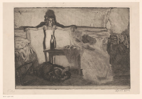 Interior with two reclining men, a woman stands against the wall in the light of a candle, Marcel Roux, 1908 - 1911 Canvas Print