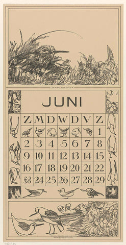 Calendar sheet June with redshank in the grass, Theo van Hoytema, 1917 Canvas Print