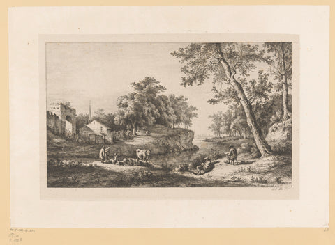 Figures on a river at a dilapidated gate, Jean Jacques de Boissieu, 1796 Canvas Print