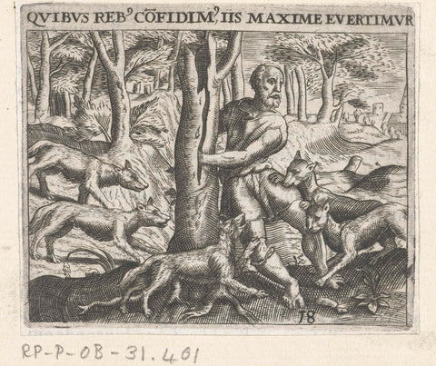 Man is attacked by wolves, Theodor de Bry, 1596 Canvas Print