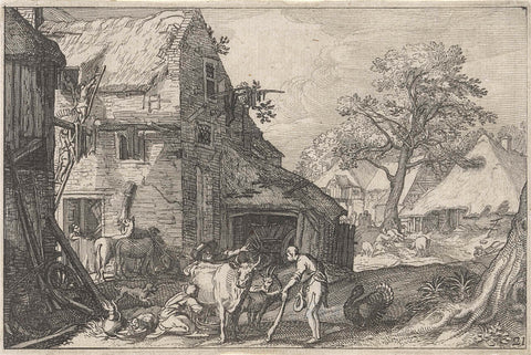 Farmyard with people and cattle, Claes Jansz. Visscher (II), 1620 Canvas Print