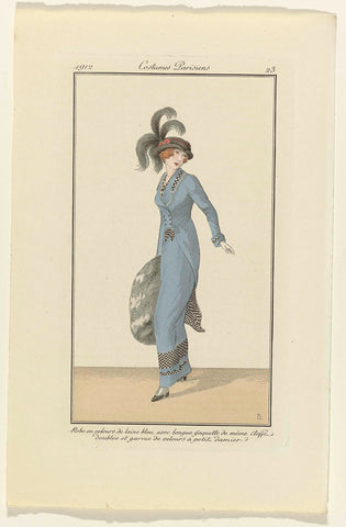 Journal des Dames et des Modes, 1912, Costumes Parisiens, no. 23: Robe en velvet de laine bleu (...), unknown, 1912 Canvas Print