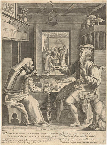 Sixth phase of life of sixty years with man counting his money with his wife, Assuerus van Londerseel, 1598 - 1602 Canvas Print