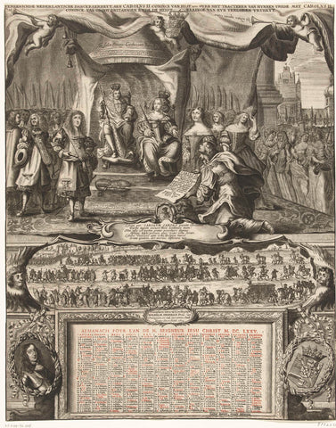 Allegory of peace with England in 1674 and the almanac for the year 1675, anonymous, 1674 Canvas Print