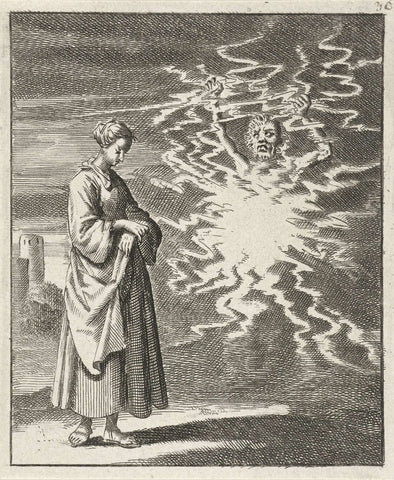 Woman walks quietly along the Satan shrouded in flames, Jan Luyken, 1687 Canvas Print