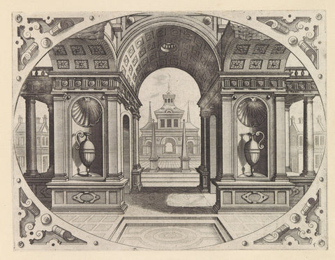 Part of a portal with vases in niches, Johannes or Lucas van Doetechum, after 1601 Canvas Print