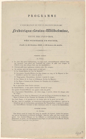 Program for the burial of the late Her Majesty Mrs. Frédérique-Louise-Wilhelmine (...) Thursday, October 26, 1837, at 10 a.m., A.D. Schinkel, 1837 Canvas Print