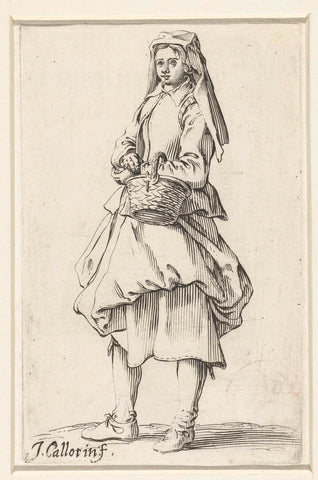 Woman with veil, a basket on the arm, Jacques Callot, 1630 - 1661 Canvas Print