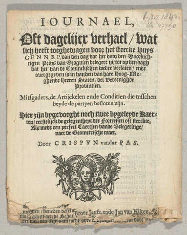 Title page of the pamphlet Iournael, Oft dagelijcx verhael over het be siege van Huis te Gennep, 1641, Broer Jansz. (Amsterdam), 1641 Canvas Print