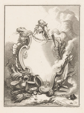 Cartouche with lion, club and torch, Benedikt Winkler, 1750 - 1762 Canvas Print