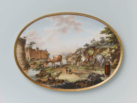 Two oval plates with figures and cattle in a river landscape, Manufactuur Oud-Loosdrecht, c. 1778 - c. 1782 Canvas Print