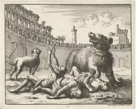 Taracus, Probus and Andronicus in the arena spared by a bear, Jan Luyken, 1685 Canvas Print