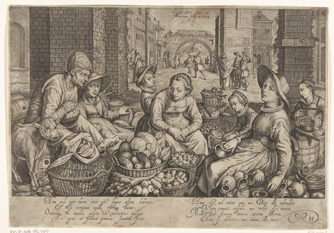 Market scene with in the background the parable of the workers in the vineyard, c. 1600, Jacob Matham, 1603 Canvas Print