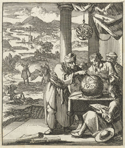 Elderly man makes dimensions for four young figures on an earth globe, Jan Luyken, 1689 Canvas Print