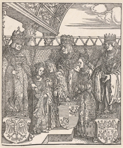 Viennese double marriage: Maximilian discusses with the king of Hungary and his brother the marriages between their (grand)children, Albrecht Dürer, 1515 Canvas Print