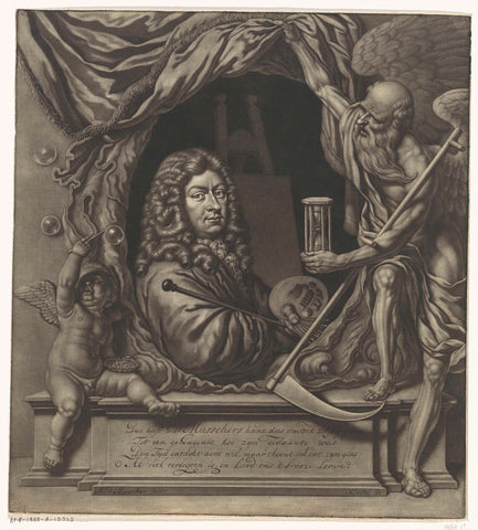 Self-portrait of Michiel van Musscher in an allegorical frame, Michiel van Musscher, 1685 Canvas Print