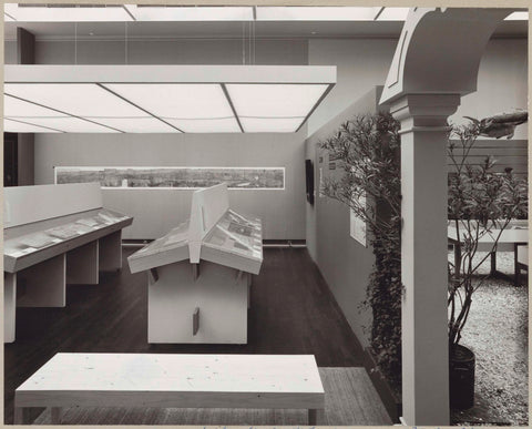 Room with various objects including books in display cases, a panorama, a bench for visitors and on the right a view of the reconstructed Ambulacrum of the Hortus, c. 1975 Canvas Print