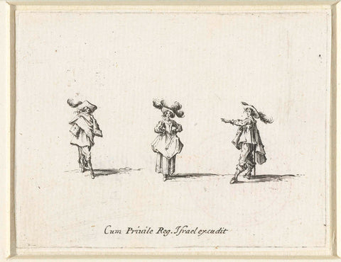 Lady, hands in the side, seen from the front, between two gentlemen, Jacques Callot, 1633 - 1635 Canvas Print