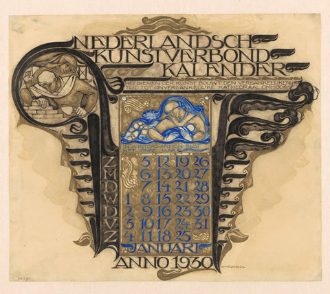 Draft for a calendar sheet for the month January from the year 1930; for the 'Nederlandsch Kunstverbond Kalender', Willem Arondéus Canvas Print