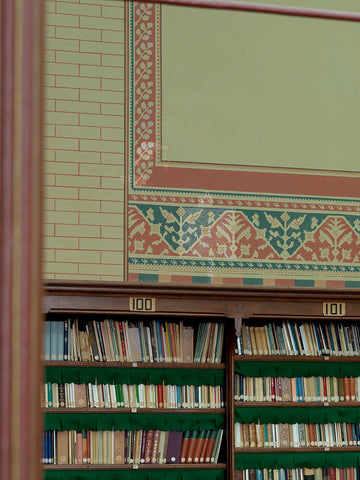 Detail of the mural above the third tower and bookcases in the library of the museum, 2013 Canvas Print