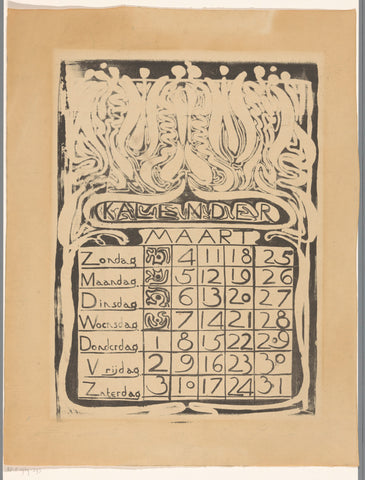 Calendar sheet March 1894, Carel Adolph Lion Cachet, 1894 Canvas Print