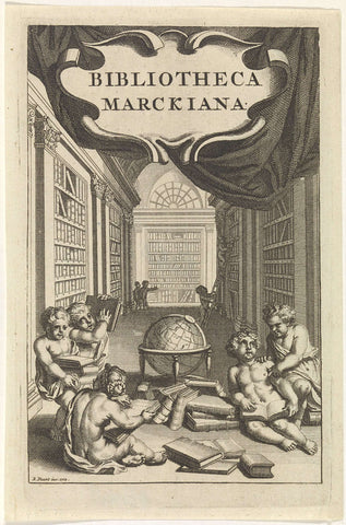 Putti in een bibliotheek, Bernard Picart (workshop of), 1712 Canvas Print