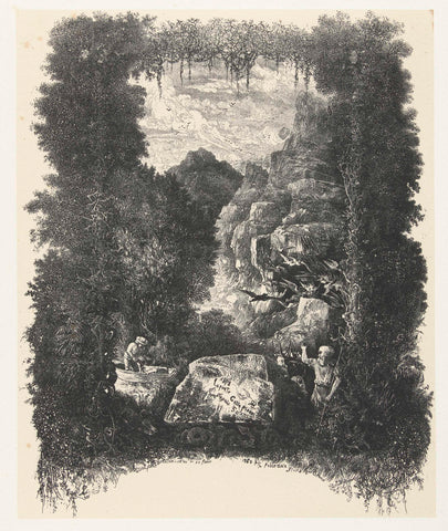 Titelprent met landschap en figuren uit fabels en verhalen in omlijisting, Rodolphe Bresdin, 1878 Canvas Print