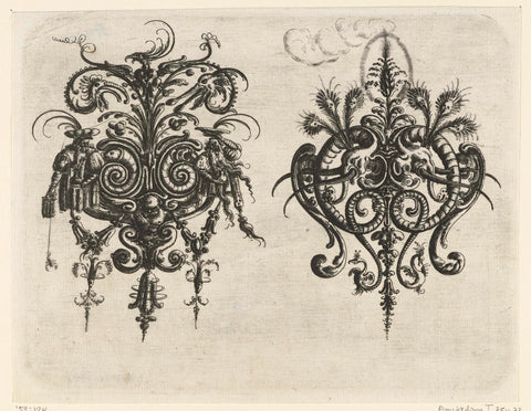 Two flat decorations with leaf vines and grotesques, Christoph Jamnitzer, 1573 - 1610 Canvas Print