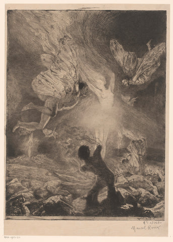 Flame in the form of a woman, surrounded by men with wings burning and crashing, Marcel Roux, 1909 Canvas Print